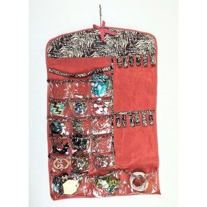 FULL OF TREASURES Ellen Tracy Hanging Jewelry Organizer Red Cotton/Clear Plastic